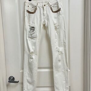 White Rhinestone Embellished Distressed Jeans – Size S
